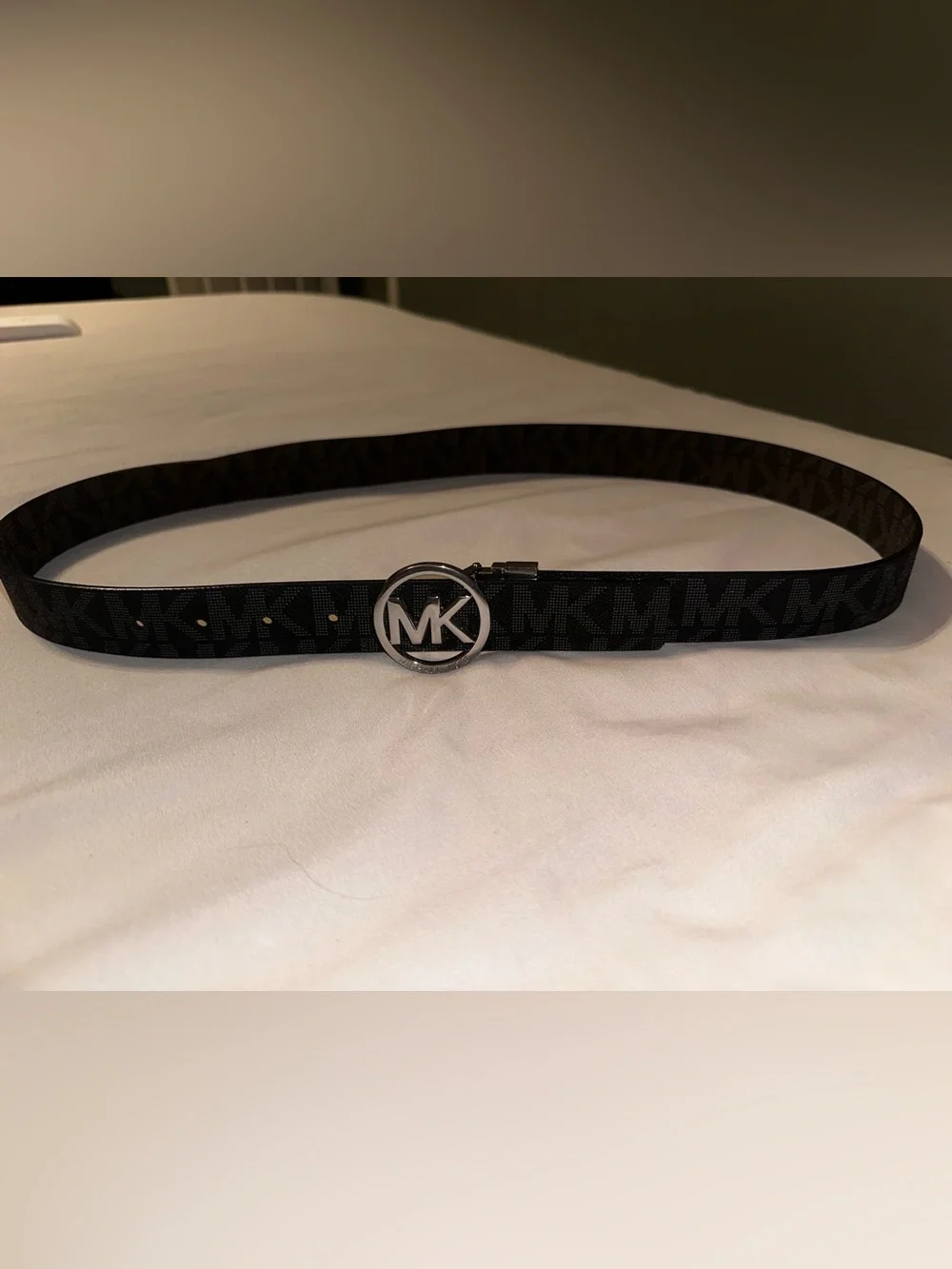 Michael Kors Black Signature Logo Belt with Silver MK Round Buckle